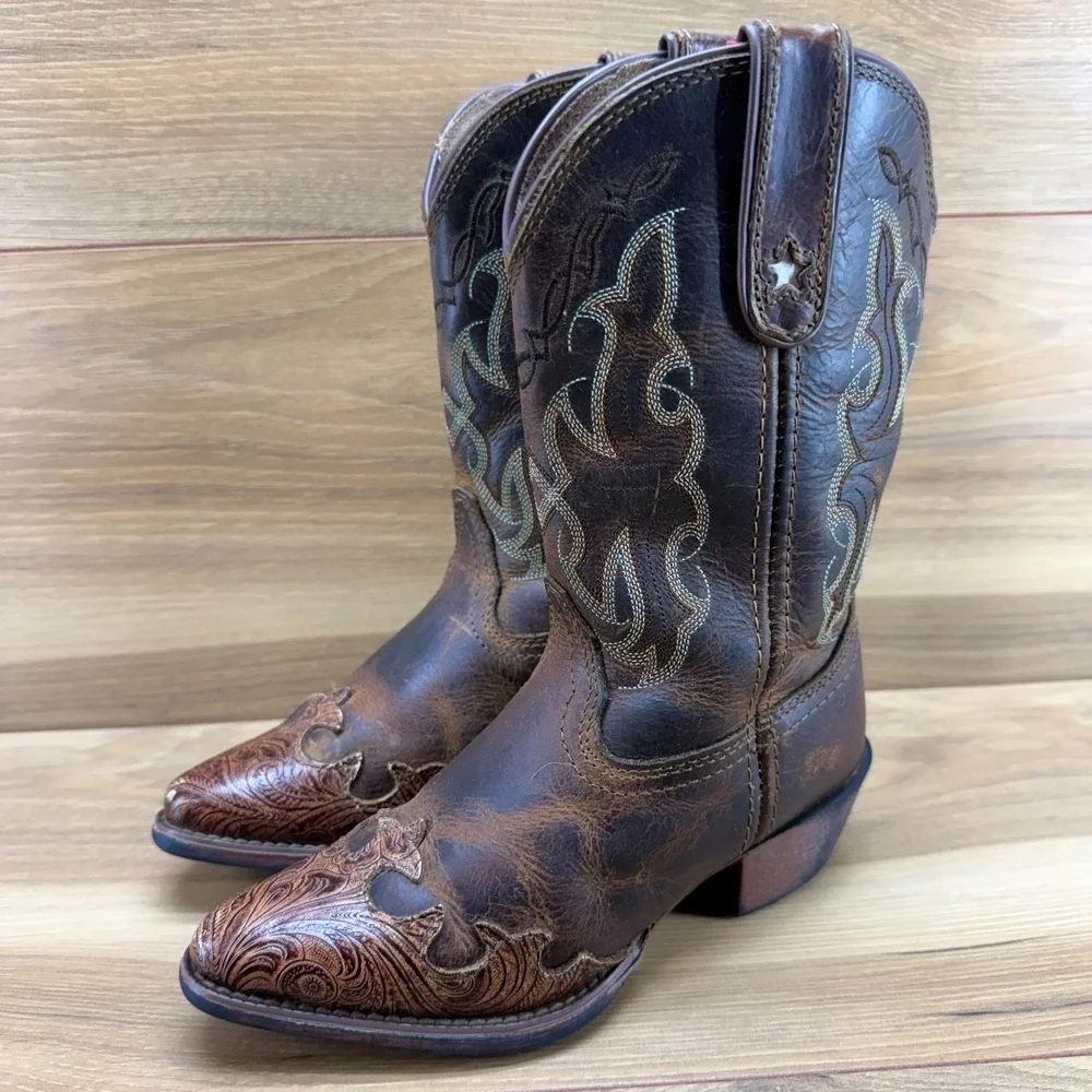 Tony Lama Vaquero Brown Western Boots Girls 12 Brown Tooled‎ Leather Rodeo Ranch